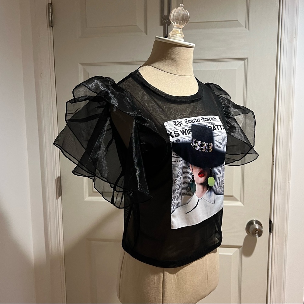 Black mesh T-shirt with graphic fashion picture size L - Picture 2 of 5